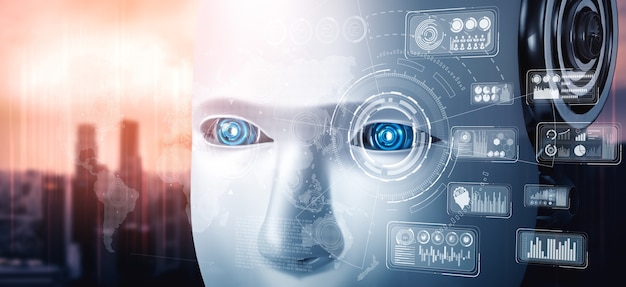 Robot humanoïde gezicht close-up met grafisch concept van big data-analyse