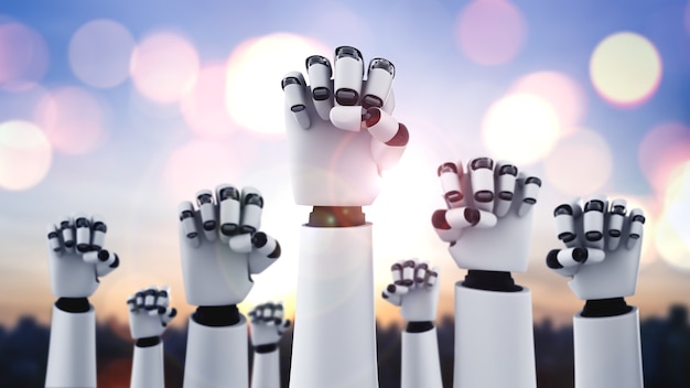 Foto robot humanoïde handen omhoog om het succes te vieren dat is bereikt met behulp van ai