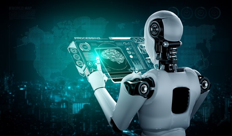 Foto robot humanoïde met behulp van tablet computer voor big data analytic
