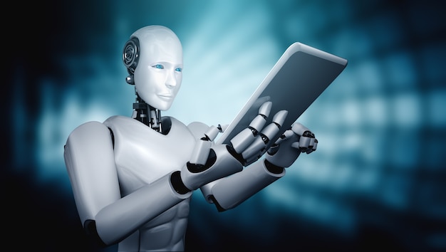 Robot humanoïde met behulp van tabletcomputer in toekomstig kantoor