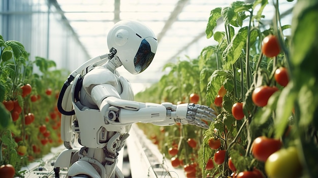 Robot-humanoïde plukt tomaten in de kas Futuristisch agrarisch concept