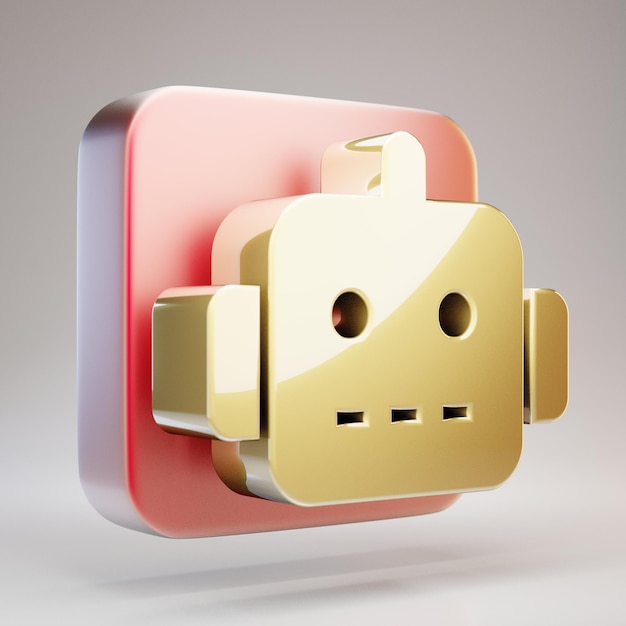 Robot icon. Golden Robot symbol on red matte gold plate. 3D rendered Social Media Icon.