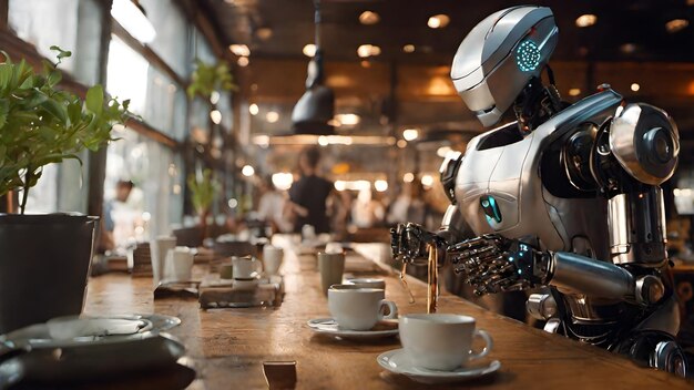 Foto robot in de achtergrond van de koffieshop. heel cool.