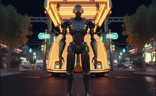 Robot in de stad 's nachts concept van toekomstige technologie Generatieve AI