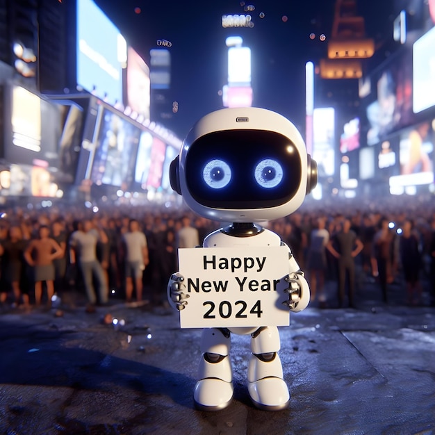 Robot in de stad 's nachts Nieuw jaar 2024 concept