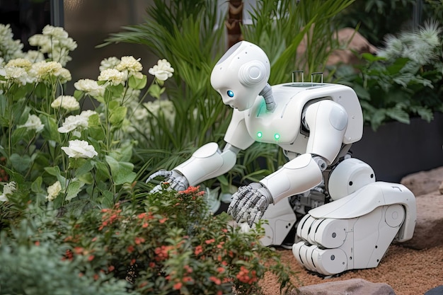 Robot in de tuin Artificiële intelligentie concept Leuke robot Een robot tuinier die voor een tuin zorgt AI gegenereerd