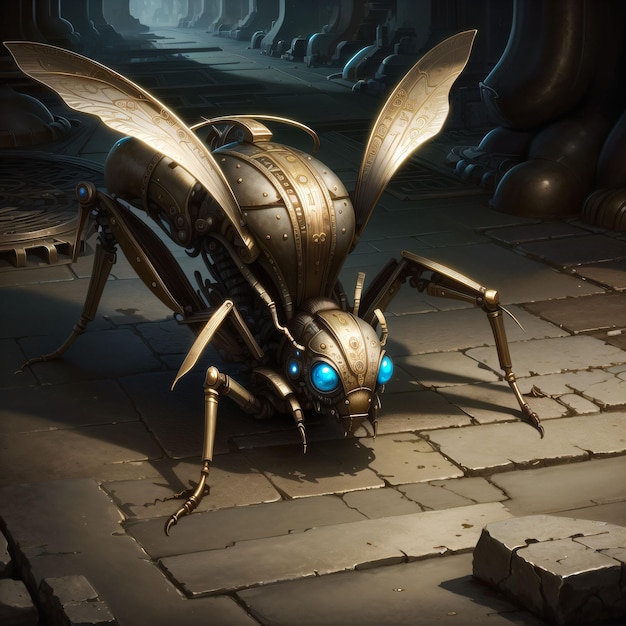 A robot insect with a blue light on it is on a brick floor.