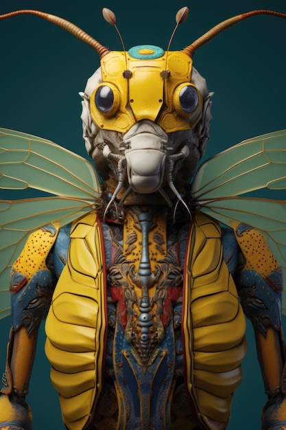 A robot insect with a yellow and blue suit ai