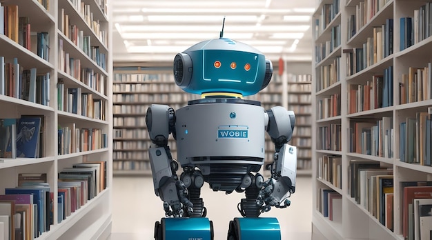 robot inside a bookstore scanning shelves filled with books helping customers find their books