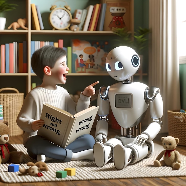 Робот взаимодействует с читающим ребенком в уютной комнате