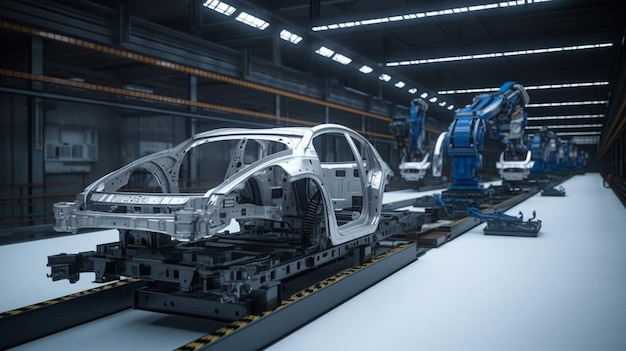 工場内でロボットが車に積み込まれています。