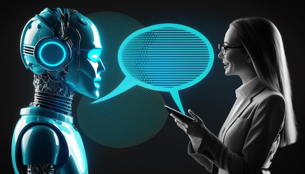 A robot is being shown with a woman talking to her phone.