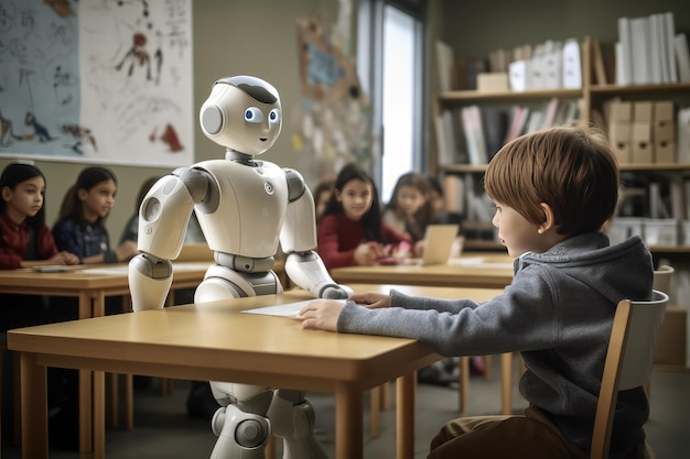 A robot is being taught by a child in a classroom.