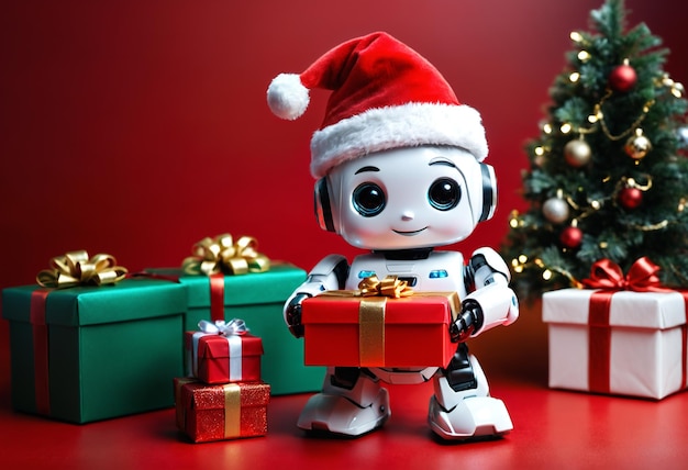 Робот держит рождественский подарок Генеративный ИИ