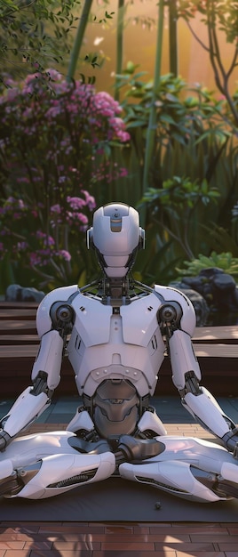 A robot is meditating in a garden