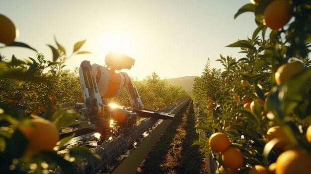 A robot is picking oranges in a vast orange field