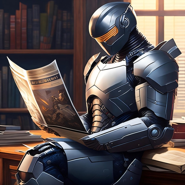 A robot is reading a newspaper with a man in armor reading a newspaper.