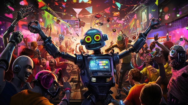 the robot is a robot with a crowd of people in the background.