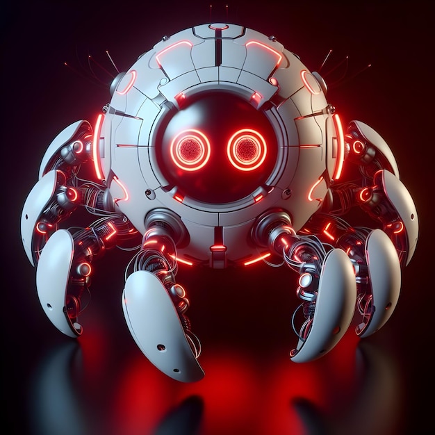 Robot is round and white with glowing red light strips around the head