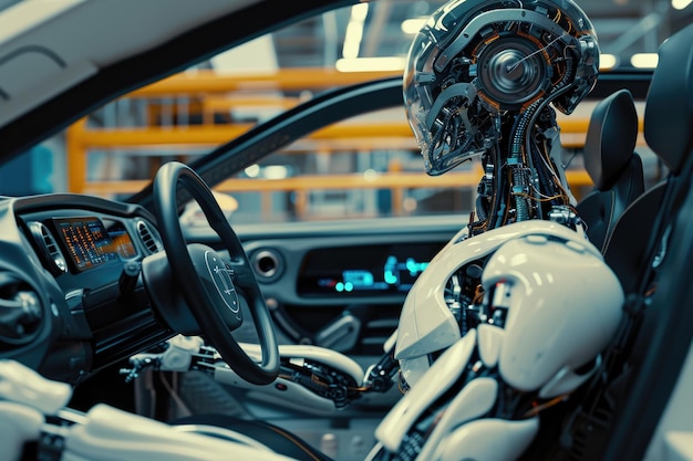 Foto un robot è seduto nel sedile del conducente di un'auto questa immagine può essere usata per raffigurare tecnologia avanzata o veicoli autonomi