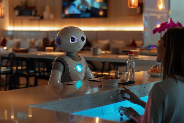 Photo a robot is sitting at a bar next to a woman