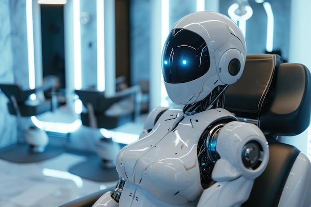 심플하고 미니멀한 장식으로 둘러싸인 방의 의자에 로봇이 앉아 있습니다. 하이테크 미용실의 미래형 로봇 미용사 AI 생성