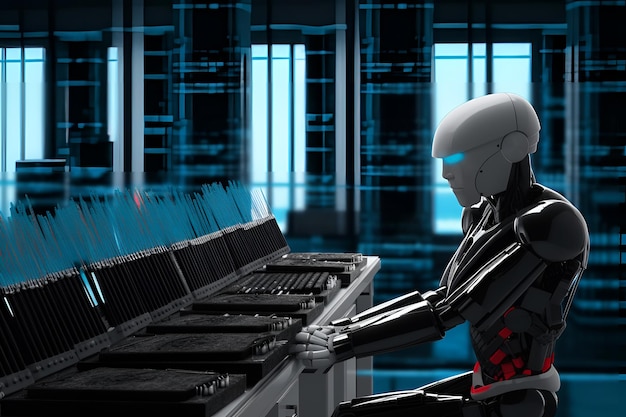 A robot is sitting at a computer with the word robot on the screen.