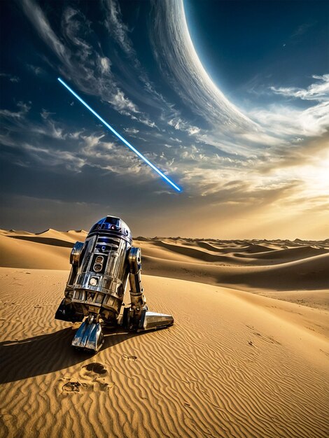 Photo a robot is sitting in the desert with a blue star on its head