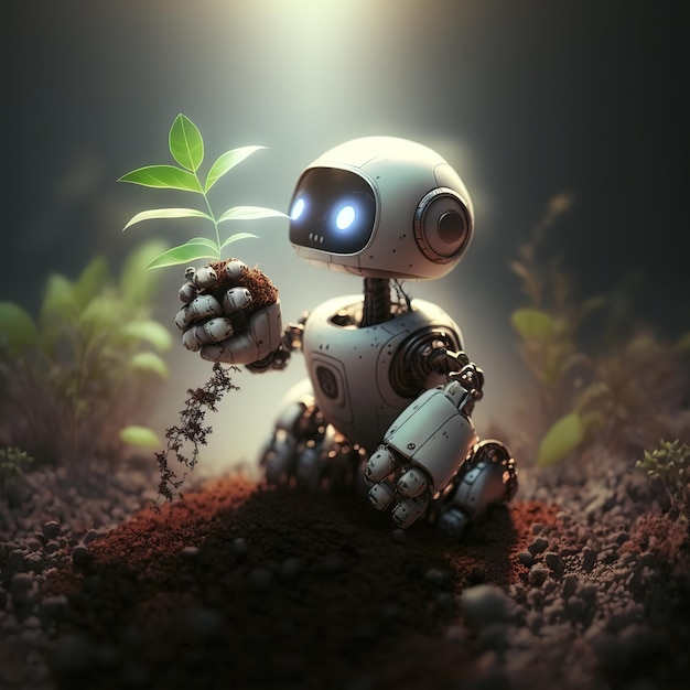 A robot is sitting in the dirt and holding a plant.