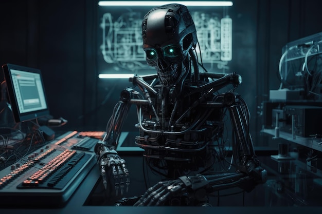 Robot is sitting in front of a big modern computer generative ai