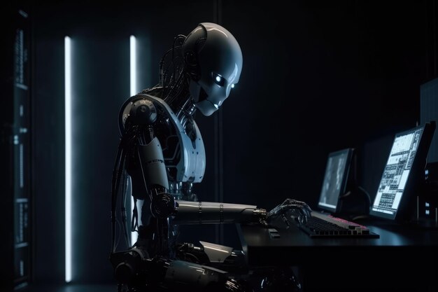 Robot is sitting in front of a big modern computer generative ai