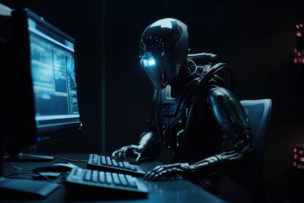Робот сидит перед большим современным компьютером, генерирующим искусственный интеллект
