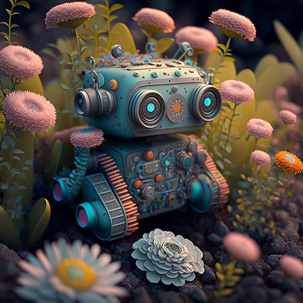 A robot is sitting in a garden with flowers and plants.