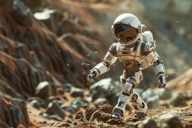 A robot is sitting on a rocky desert landscape