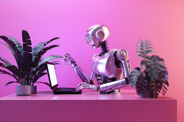 The robot is sitting at the table gpt chat neon background artificial intelligence high technology