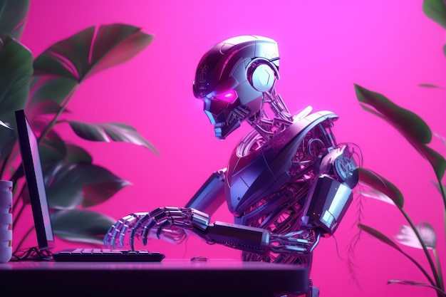 The robot is sitting at the table Gpt Chat neon background artificial intelligence high technology