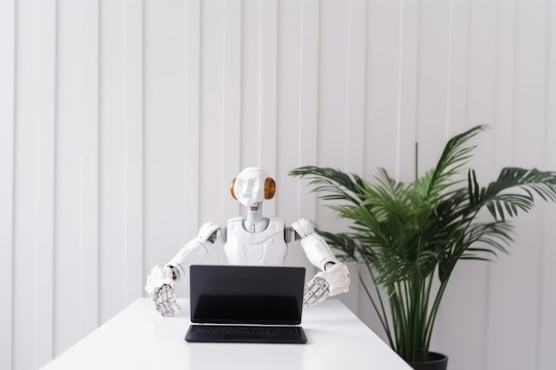 The robot is sitting at the table Gpt Chat white background artificial intelligence high technology