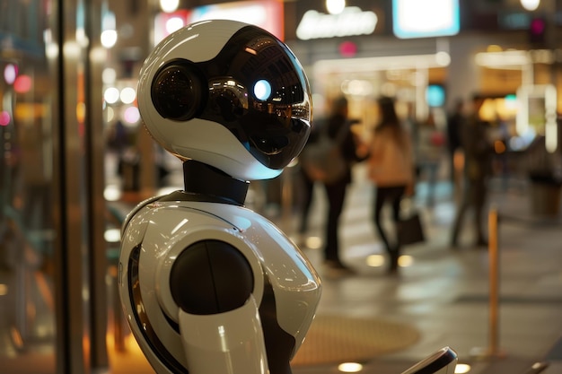 Photo a robot is standing in a busy shopping mall holding a tablet in its hand