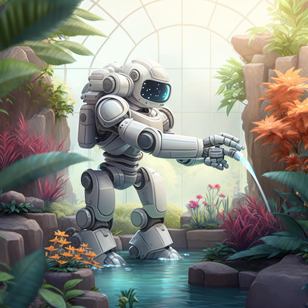 A robot is standing in a pond and is holding a water hose.