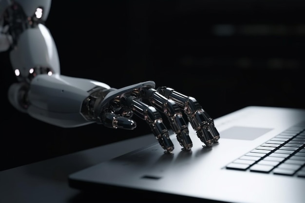 A robot is typing on a laptop with a hand on it.