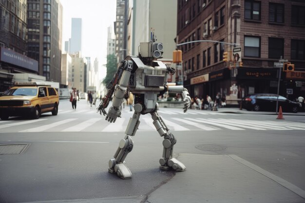 A robot is walking across a street in a city.