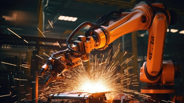 A robot is welding a piece of metal with sparks on it.