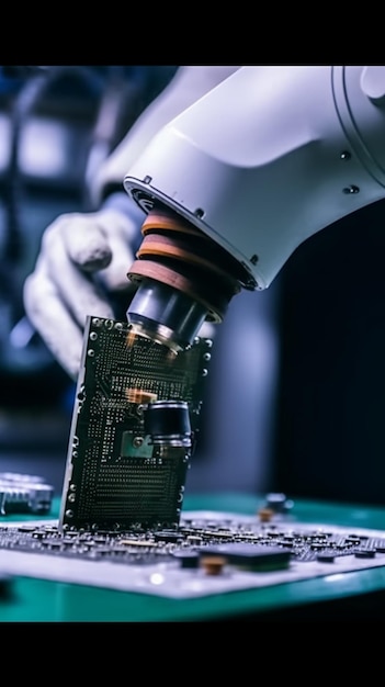 Photo a robot is working on a computer with a microchip.