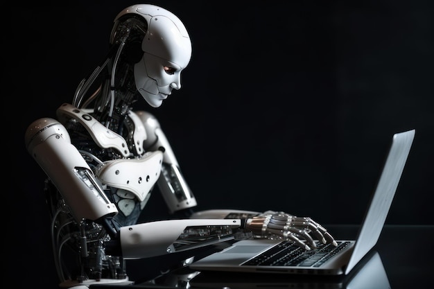 A robot is working on a laptop with the word robot on it.