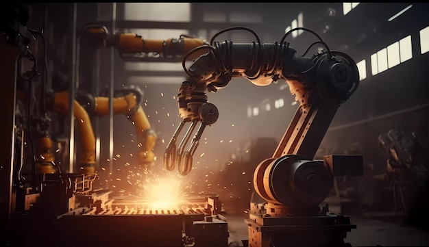 A robot is working on a piece of metal with the words industrial robots on it.