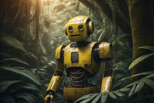 A robot in the jungle with a green background and a yellow robot in the foreground.