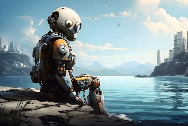 Robot kid sits and meditates against sea background futuristic scientific concept of postapocalypse life generate AI