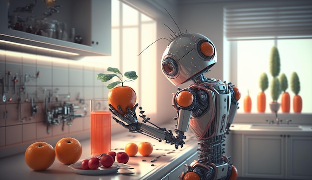 A robot in the kitchen makes fruit juice Generative AI