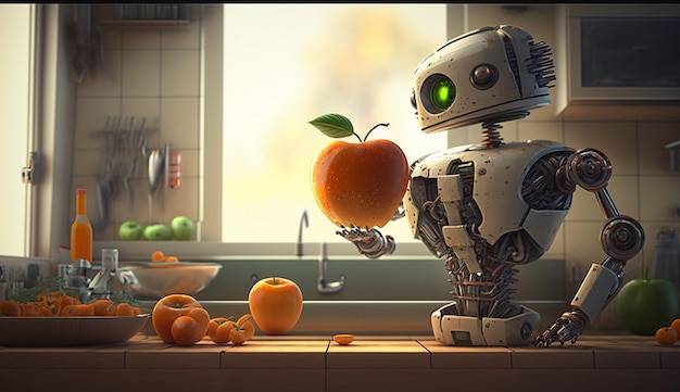 A robot in the kitchen makes fruit juice Generative AI