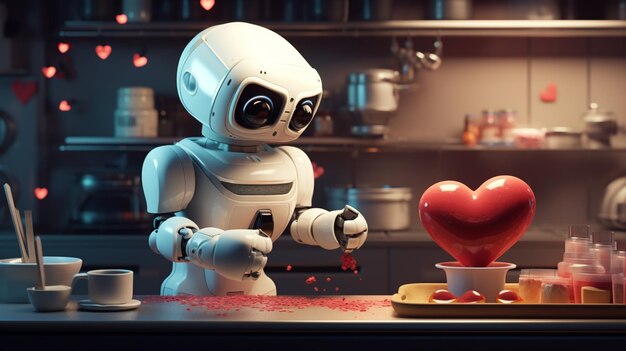 Foto robot in cucina san valentino 3d rendering